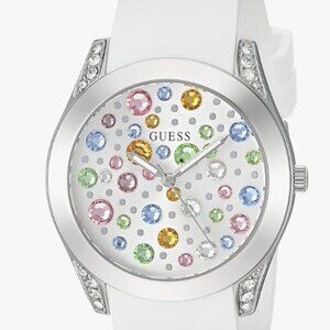 GUESS Silver-Tone + White Stain Resistant Silicone Multi-Colored Crystal Watch